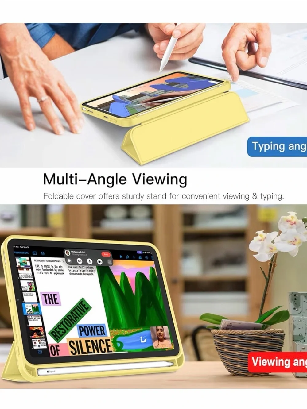 iPad mini Case (Yellow) - Trifold Smart Case with Pencil Holder